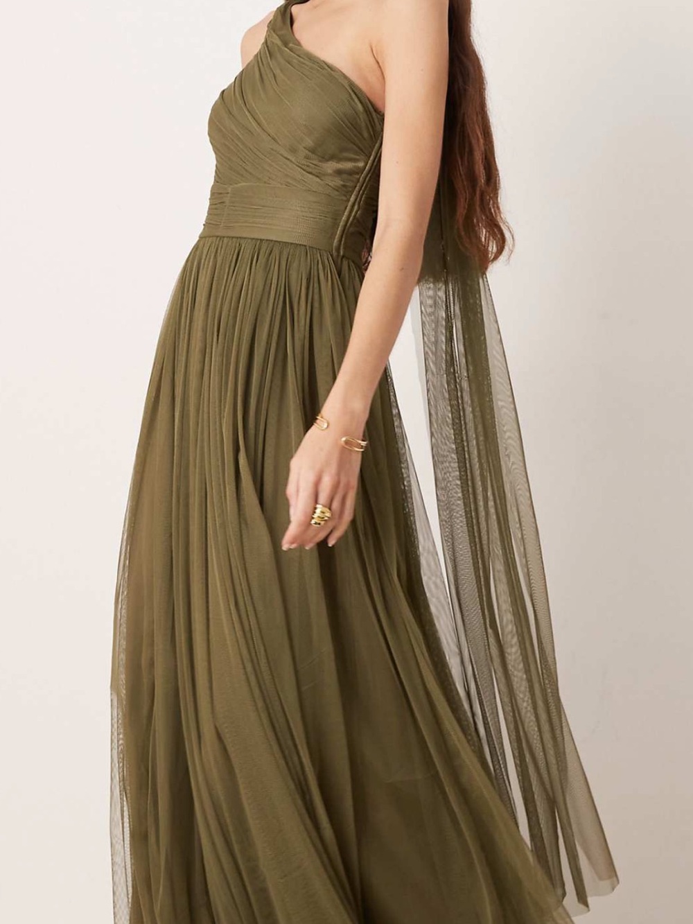 Lace & Beads Olive Tulle One-Shoulder Scarf Neck Maxi Dress